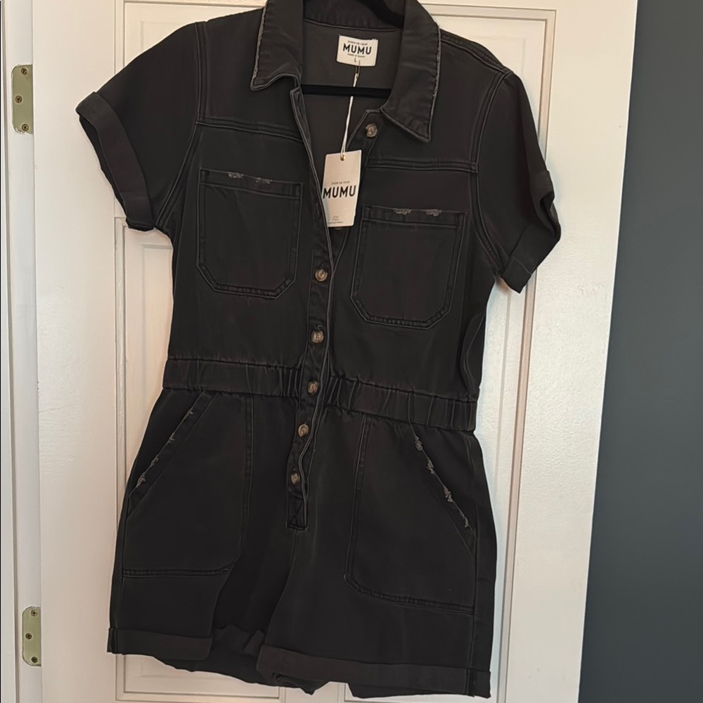 Show Me Your Mumu washed black denim Cannon Romper NWT
